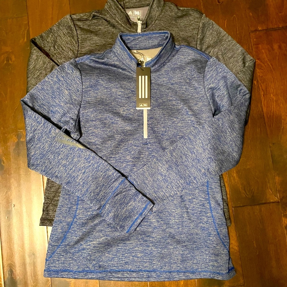 2 NWT Medium Adidas Quarter Zip Pullovers Black Heather and Blue Heather